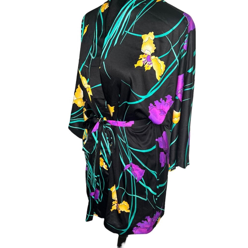 Vintage Kamehameha Floral Robe Hawaiian Belted Black Original Tropical Size L - Picture 3 of 10